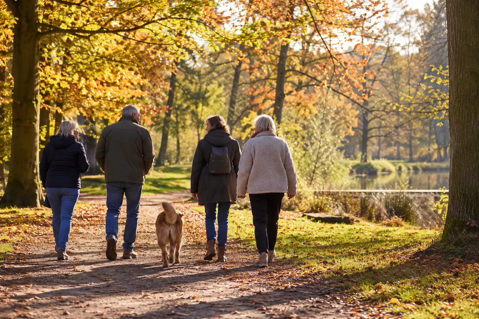 Samen wandelen in een herfstpark; AI-gegenereerde illustratie