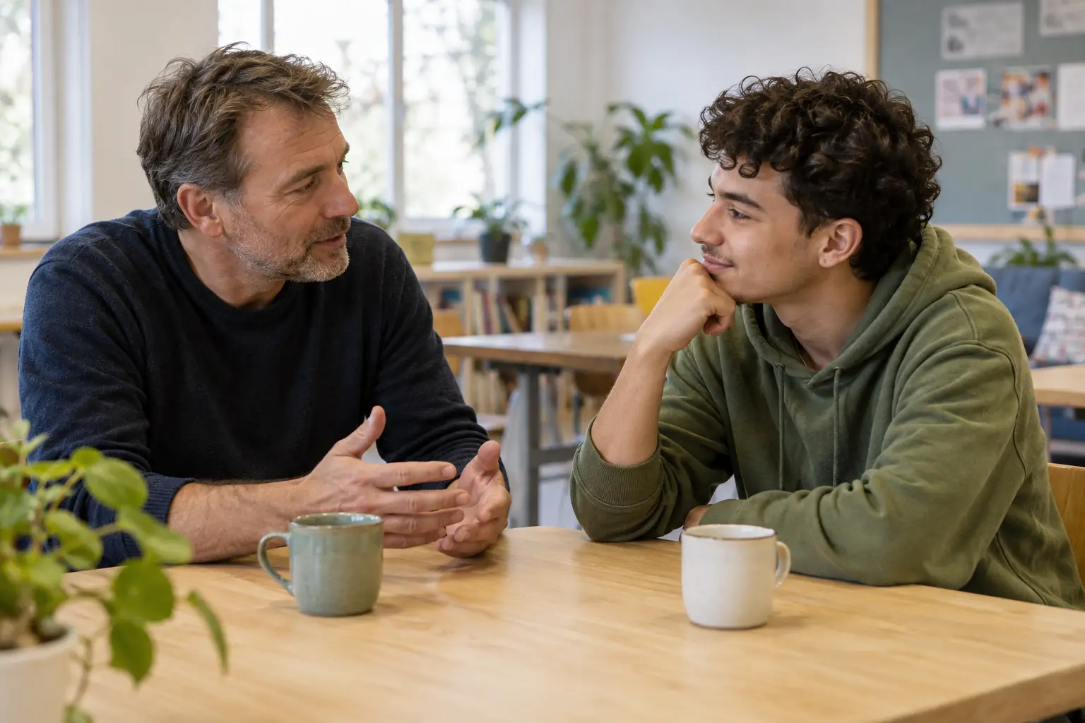 Vrijwilliger in gesprek met jongere. Illustratie gemaakt met AI, geen echte deelnemers.