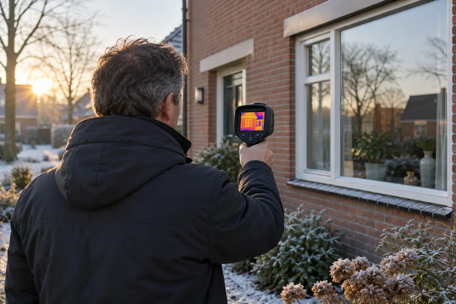 Warmtebeeldcamera bij een gevel. Illustratie gemaakt met AI.