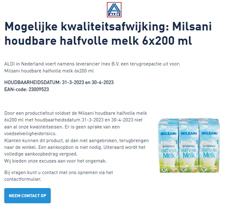 recall aldi inex milsani houdbare halfvolle melk