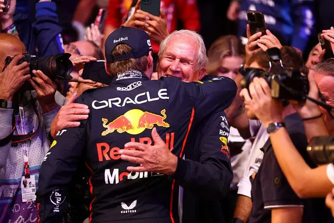 helmut marko celebrating with max verstappen