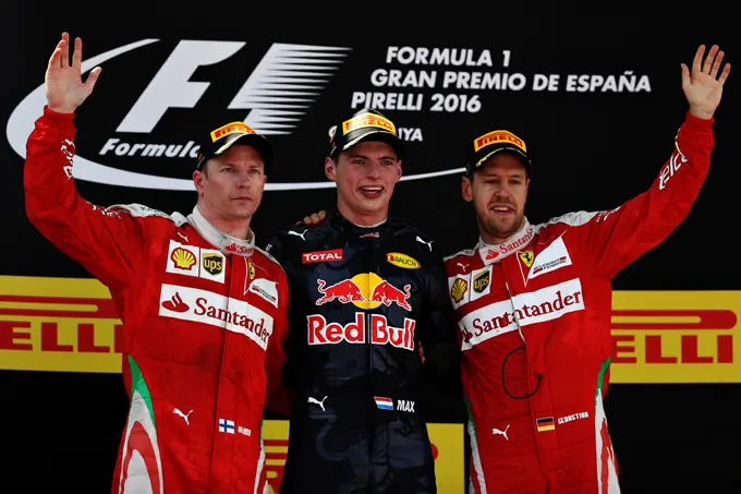 max verstappen podium met kimi raikkonen en sebastian vettel formula one barcelona