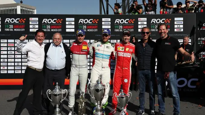 winner benito guerra mex celebrates with runner up loic duval fra and roc skills challenge winner sebastian vettel ger on the podium and during the race of champions on sunday 20 january 2019 at foro sol mexico