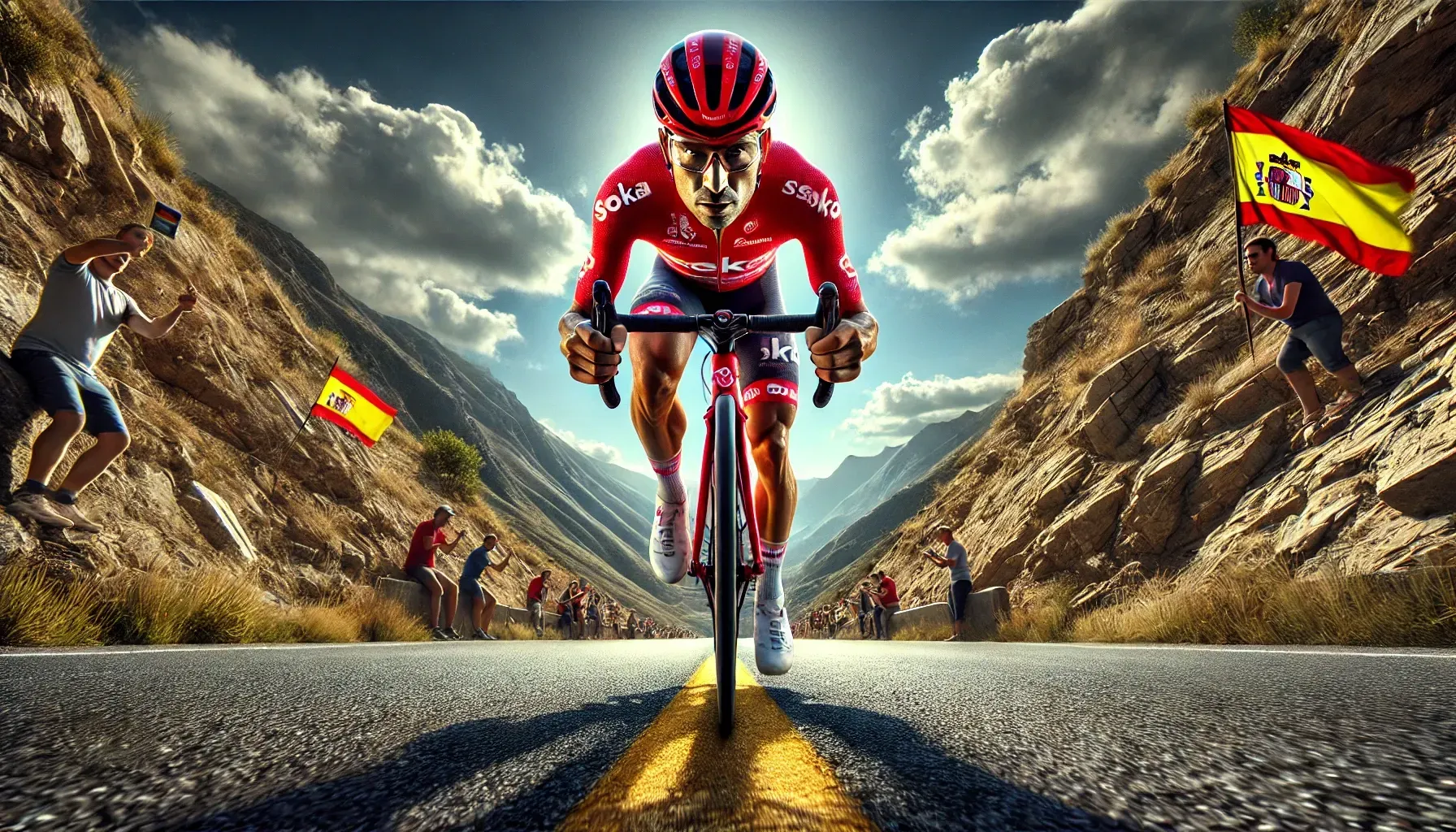 dalle 2024 08 16 113421 a hyper realistic image of the vuelta a espana cycling race featuring one cyclist facing directly forward towards the camera as he rides up a steep