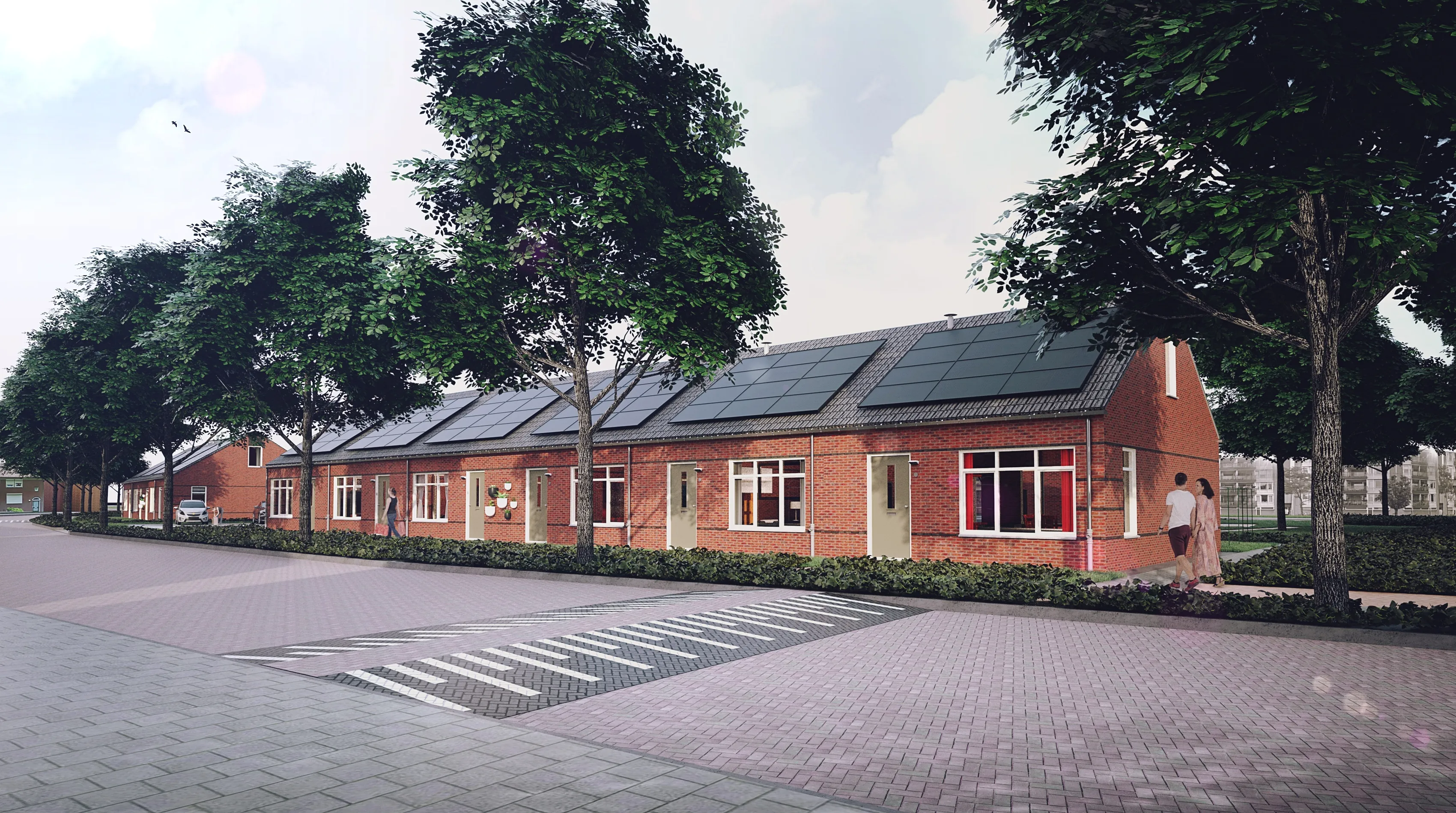 impressie voorzijde huurwoningen hendrik van veldekestraat pim van den broek vormgeving en visualisatie via bouwbedrijven jongen