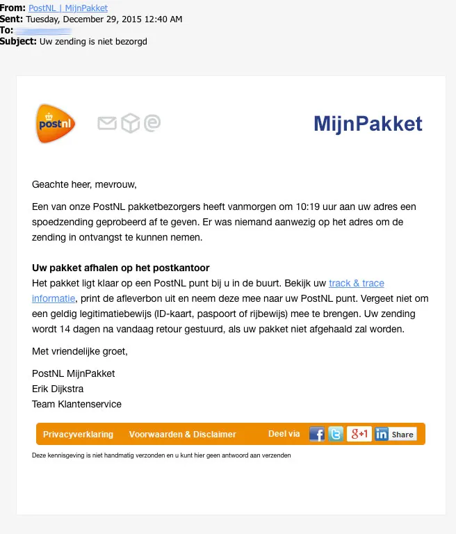 postnl mijnpakketoplichting