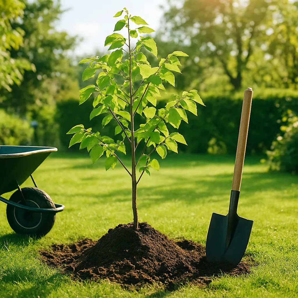 Nieuwe boom in zonnige tuin