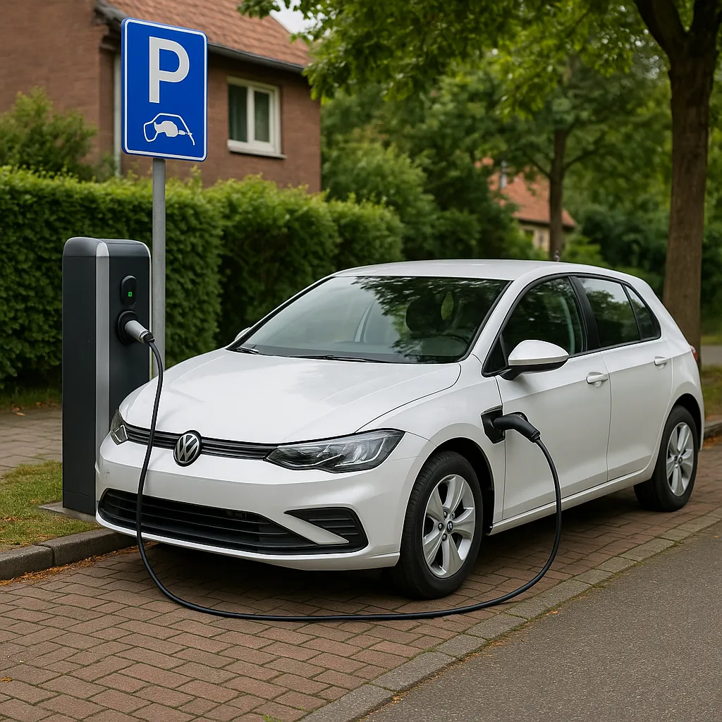 Elektrische auto laadt in de wijk
