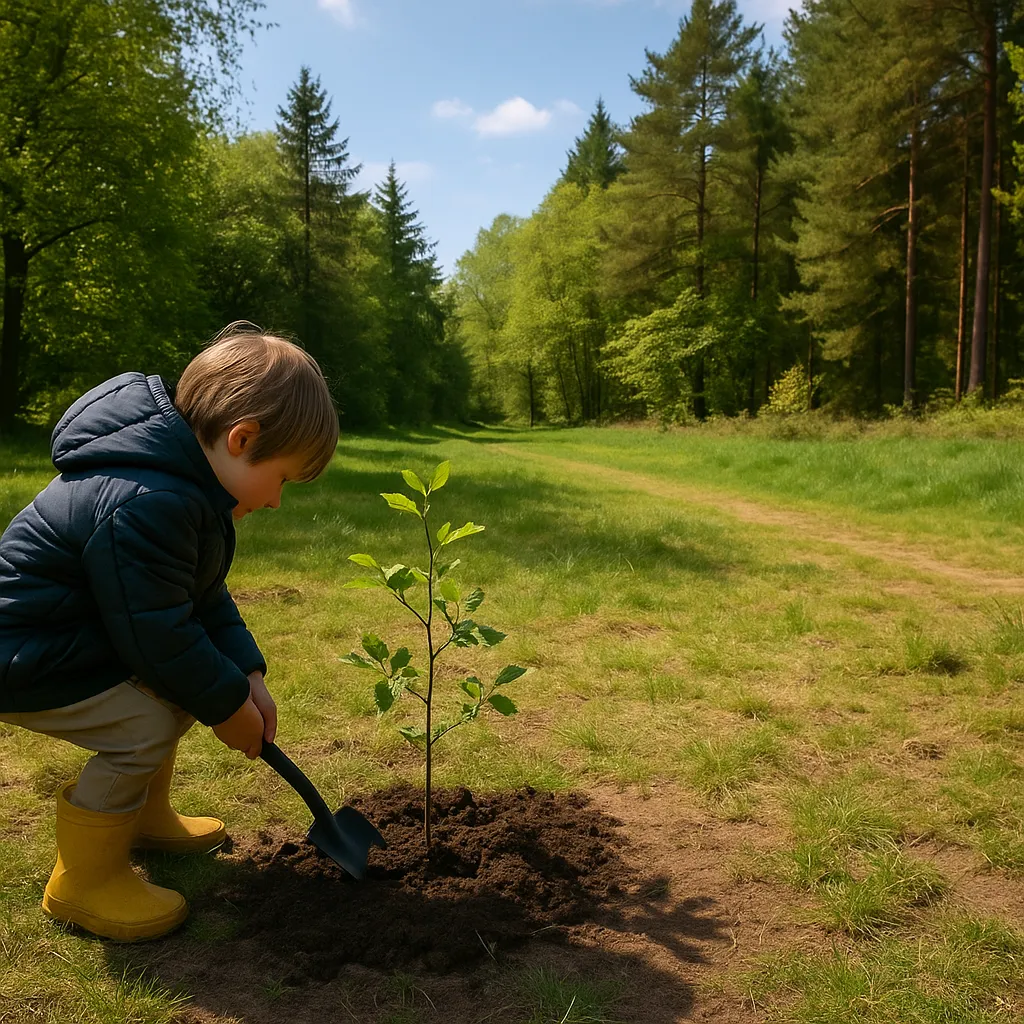 Jongen plant boompje in bos