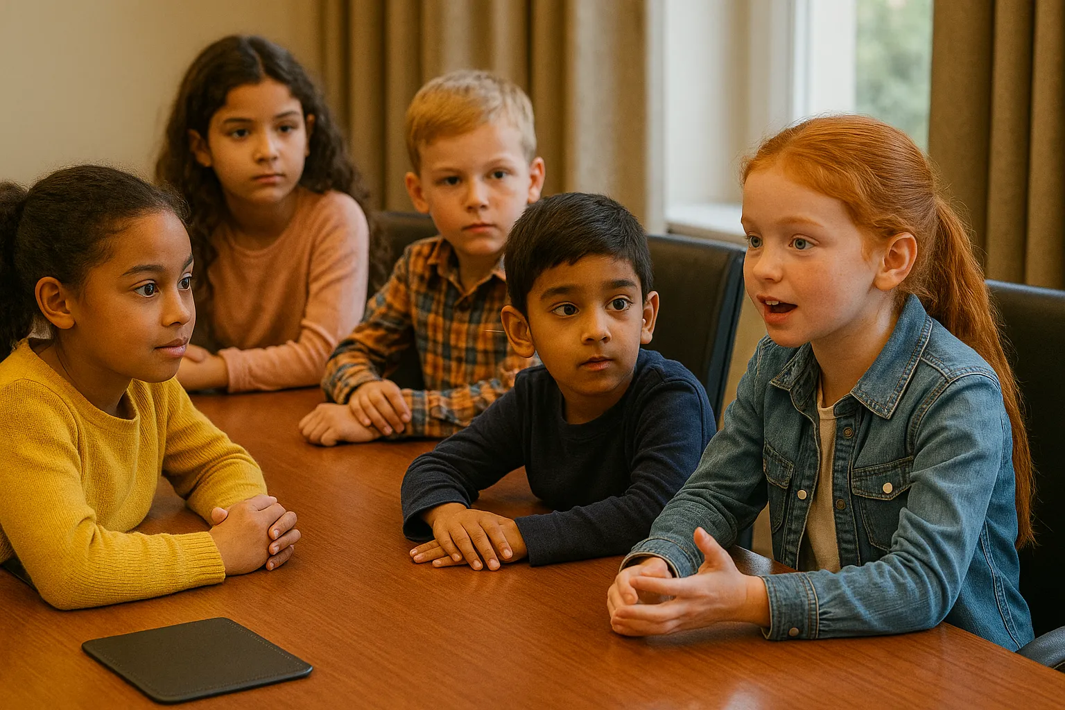 Kinderen in gesprek rondom vergadertafel
