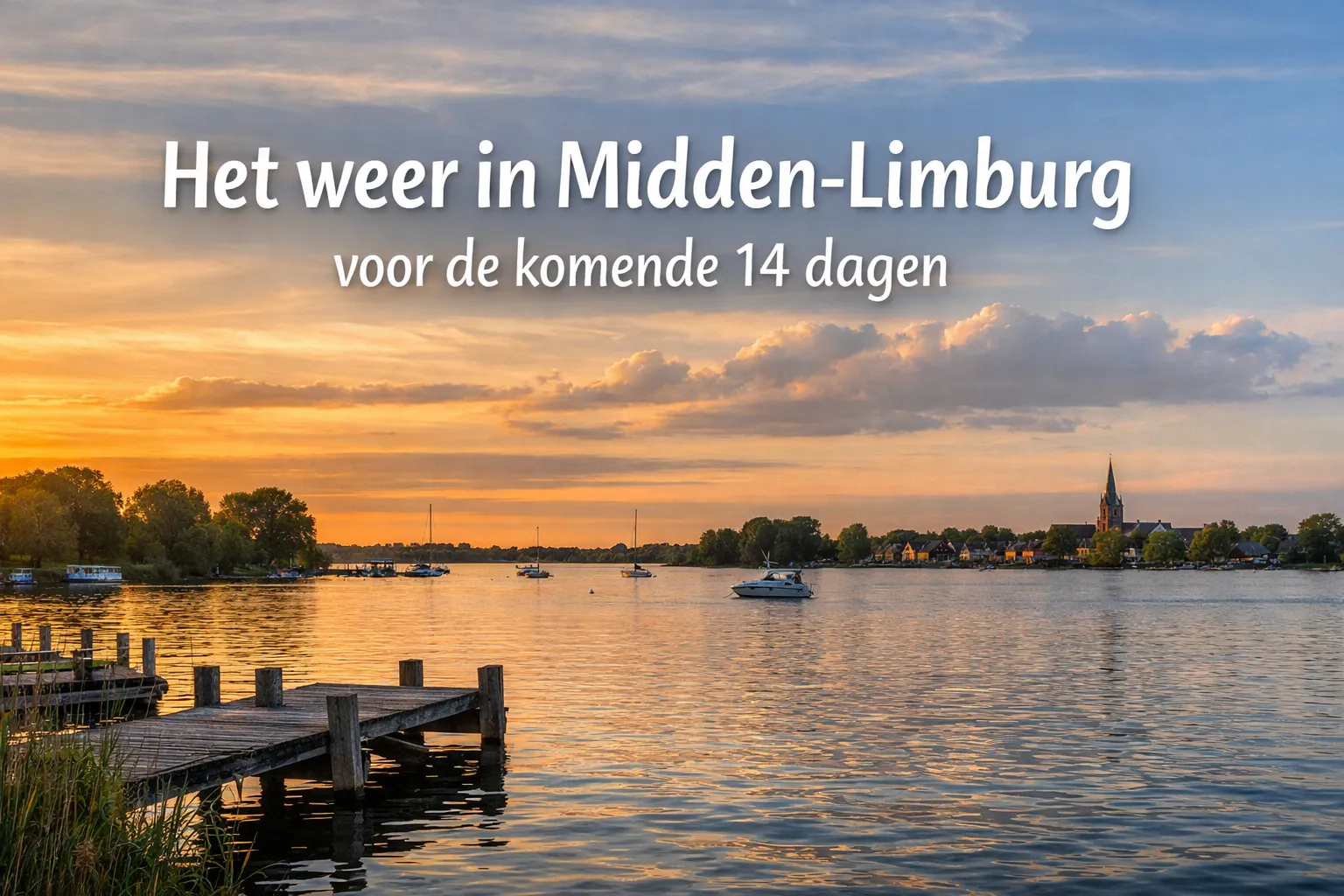 Maasplassen bij zonsondergang met tekst