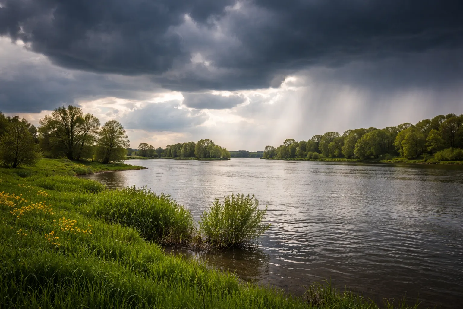 Maaslandschap onder dramatische luchten