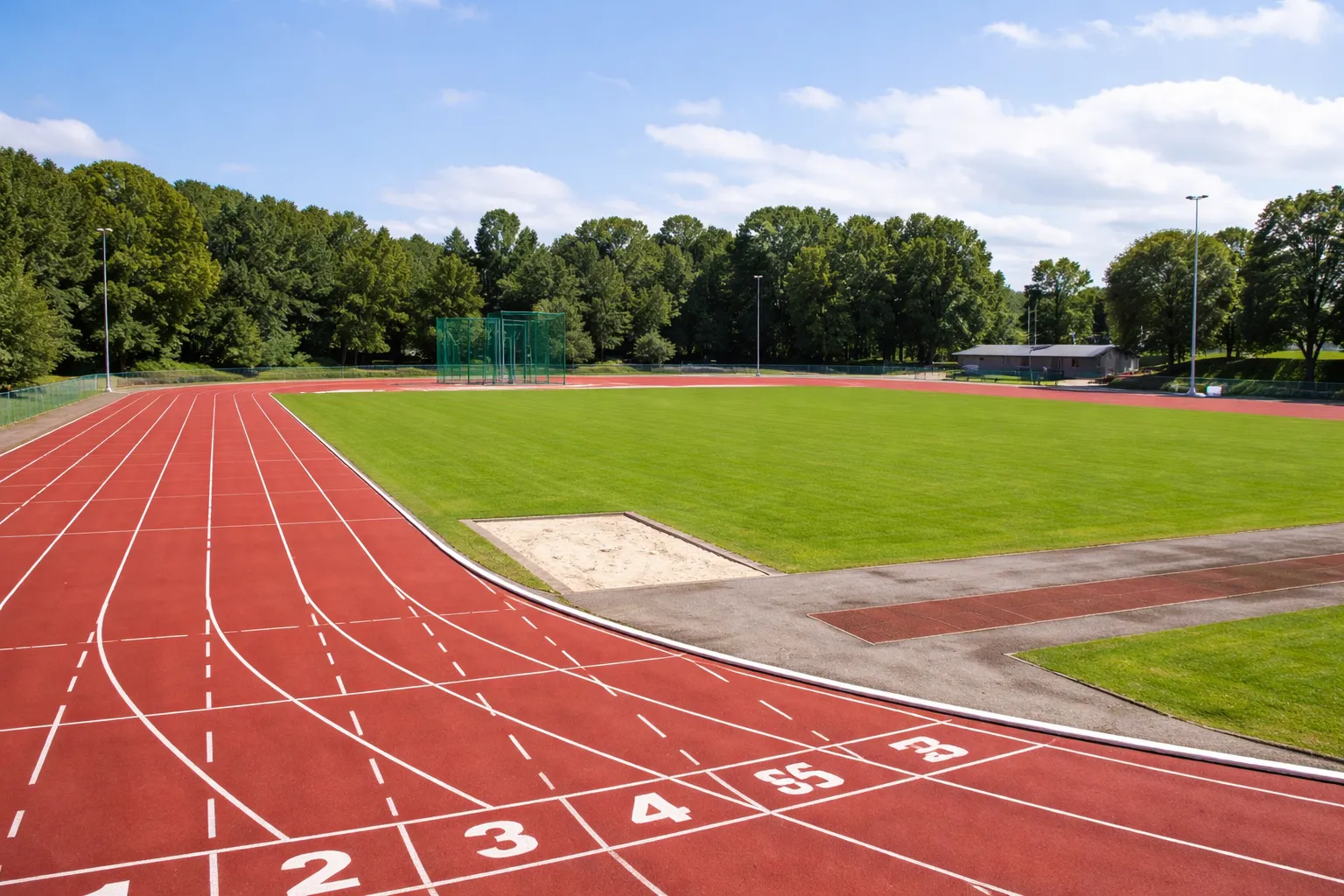 Zonnig atletiekstadion met discuskooi