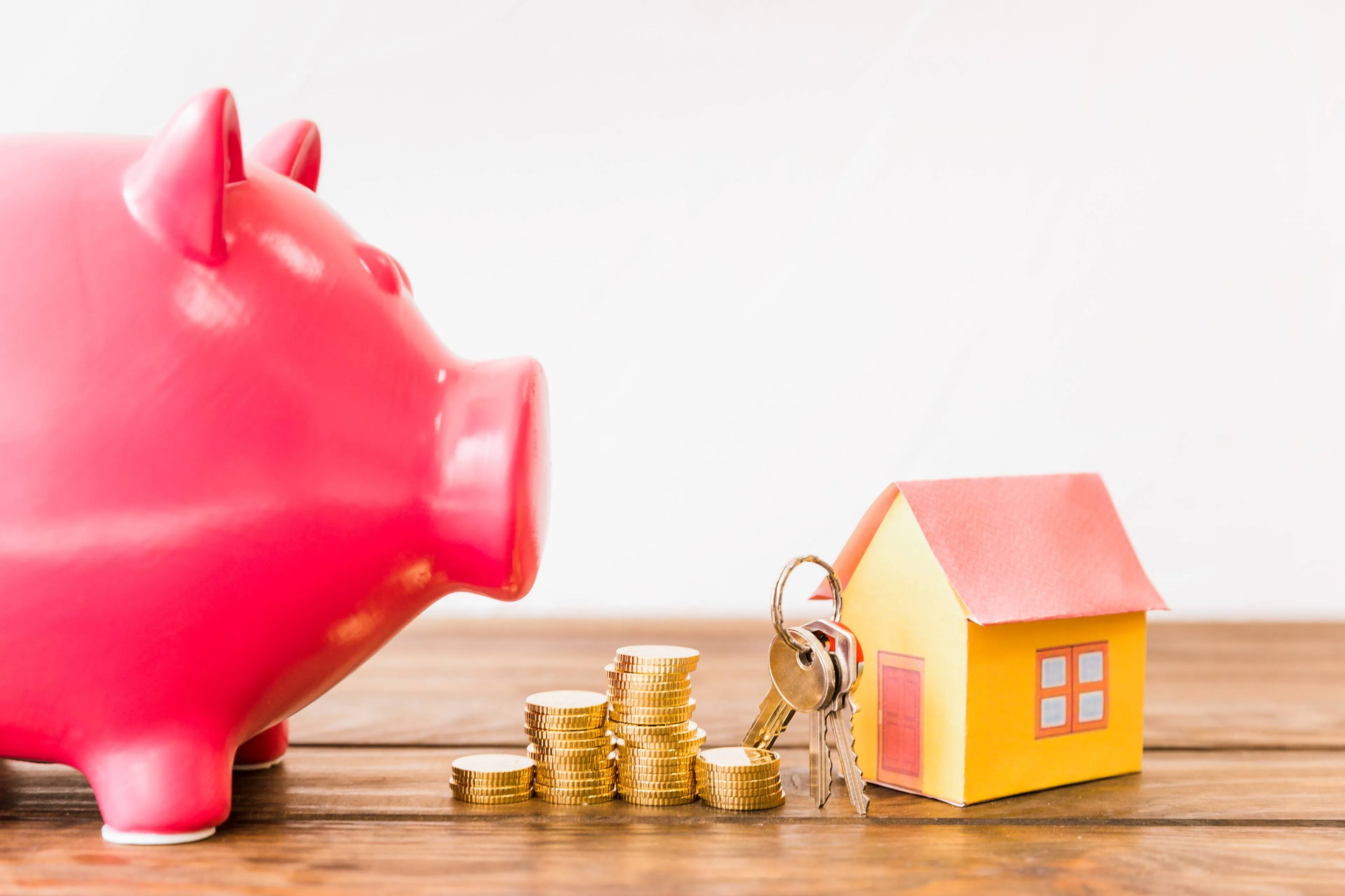 house-with-key-stacked-coins-besides-piggybank