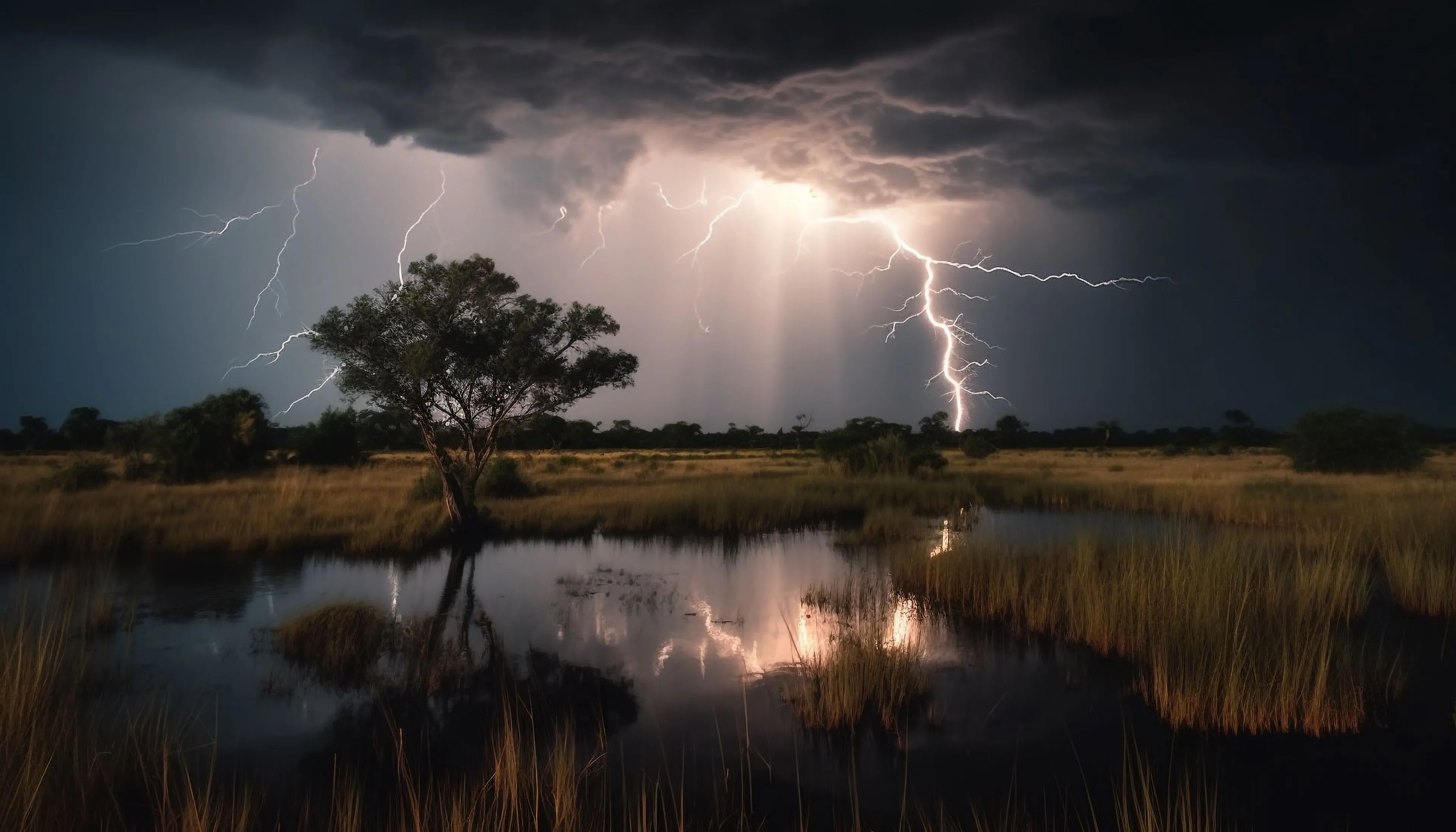 electricity crackles through dark stormy rural landscape dusk generated by ai