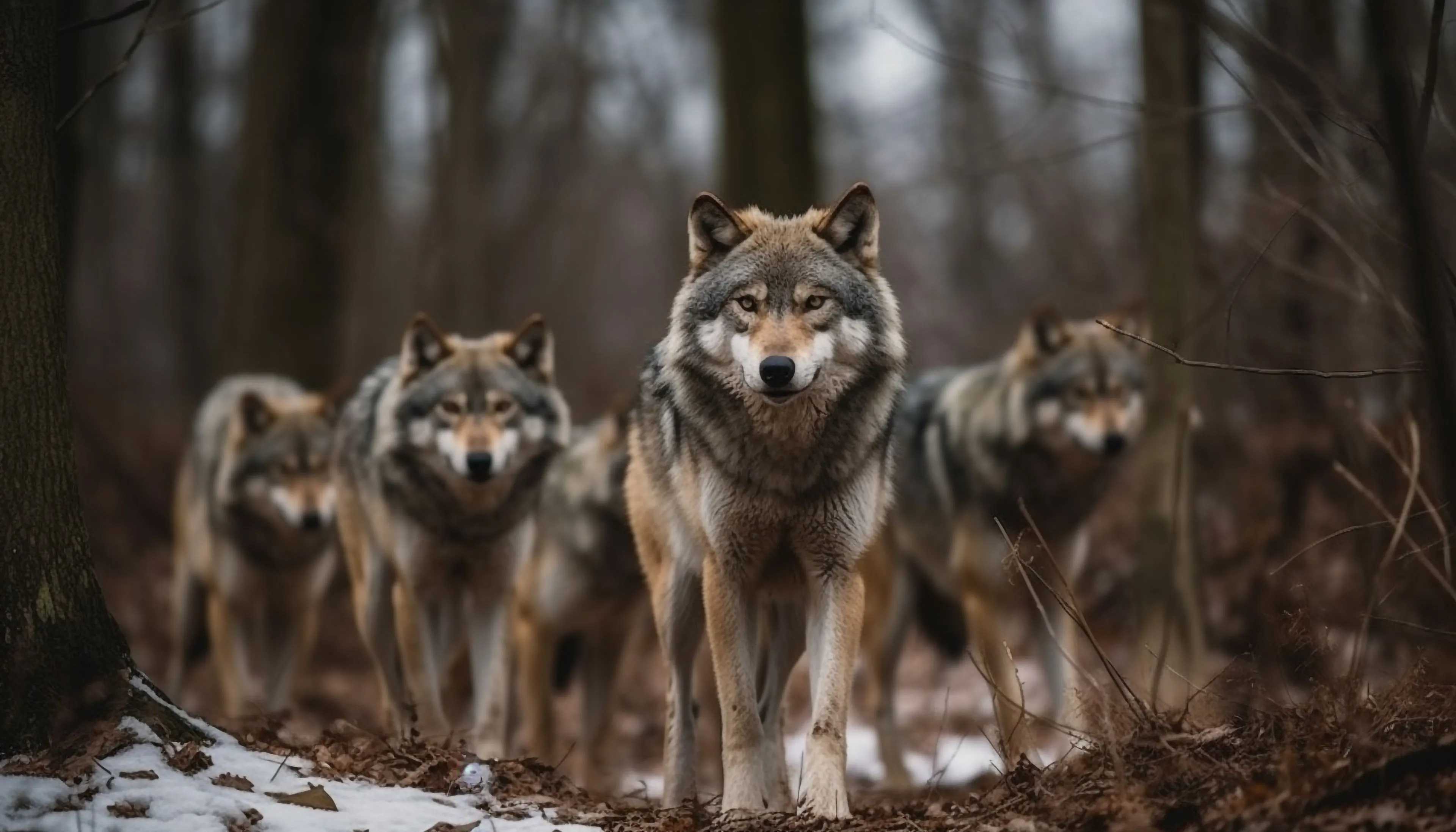 gray wolf walking snow looking camera with focus generated by ai