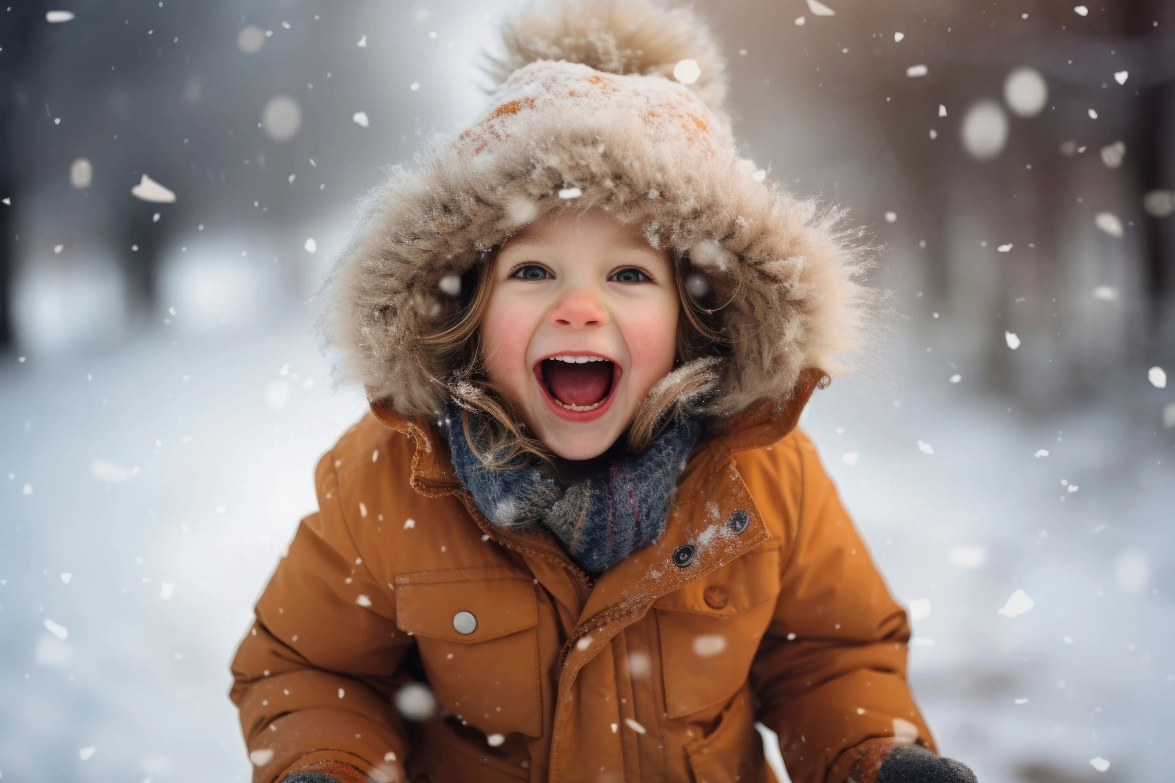 portrait smiley boy winter while snowing