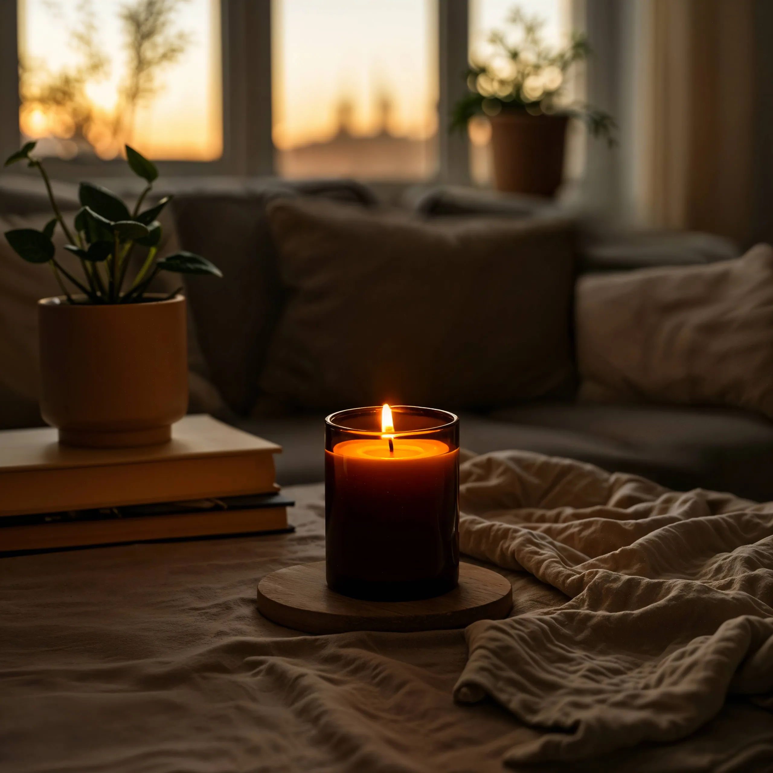 cozy evening with candle books plants