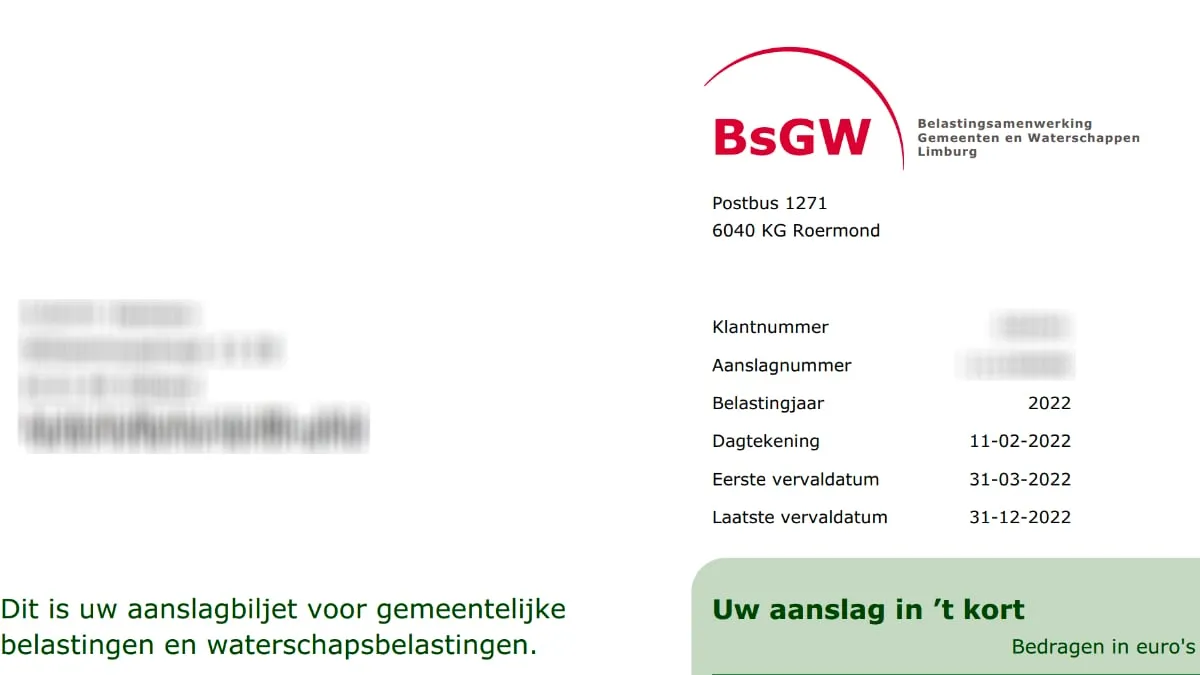 aanslagbiljet bsgw 2022