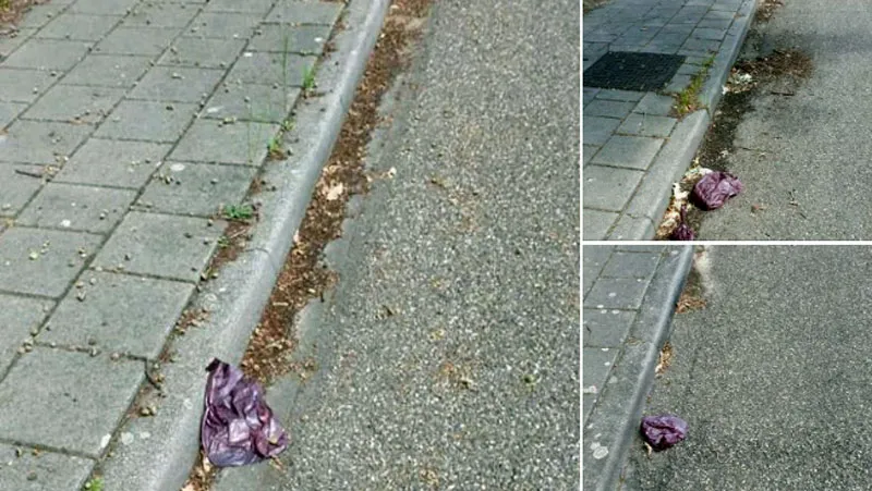 hondendrollen in plastic in de goot