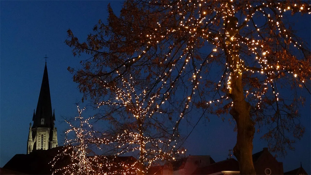 kerktoren en boom met kerstlichtjes