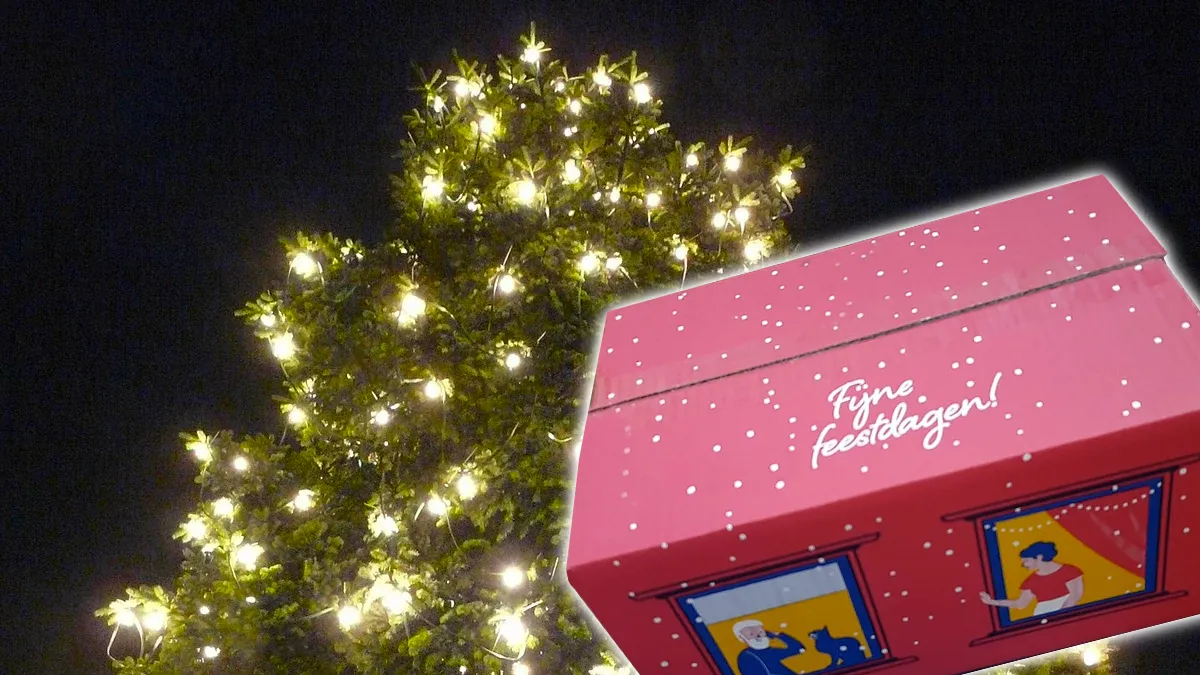 kerstpakket en kerstboom met verlichting