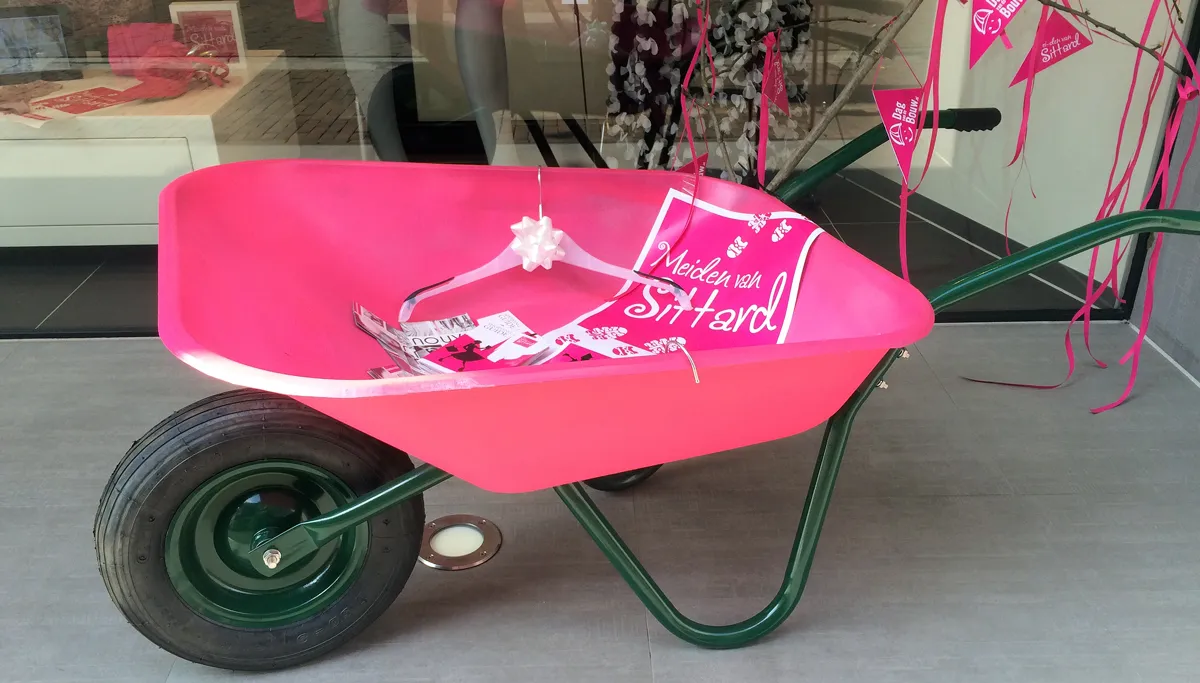 meiden mei den kruiwagen dag van de bouw