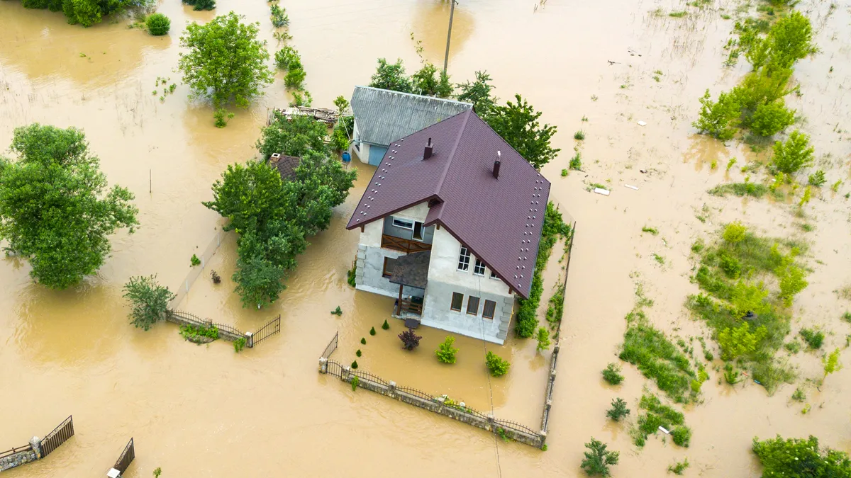 overstroomd huis en groene bomen