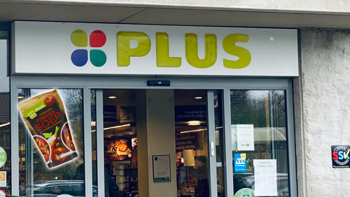 waarschuwing tomatensoep plus supermarkt