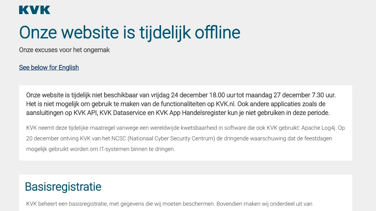 website kvk tijdelijk offline