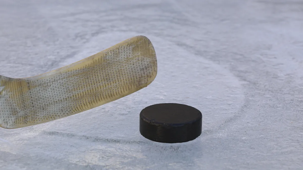 zwarte hockeypuck op ijs