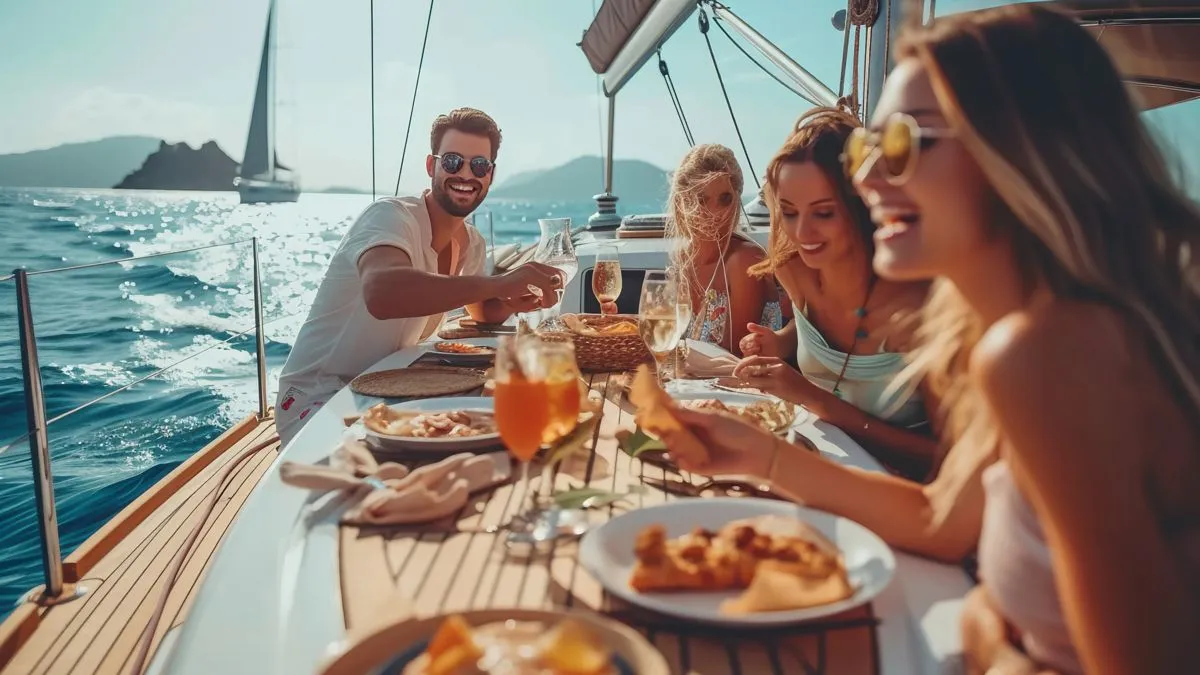 group friends having fun yacht sailing sea with ai generated