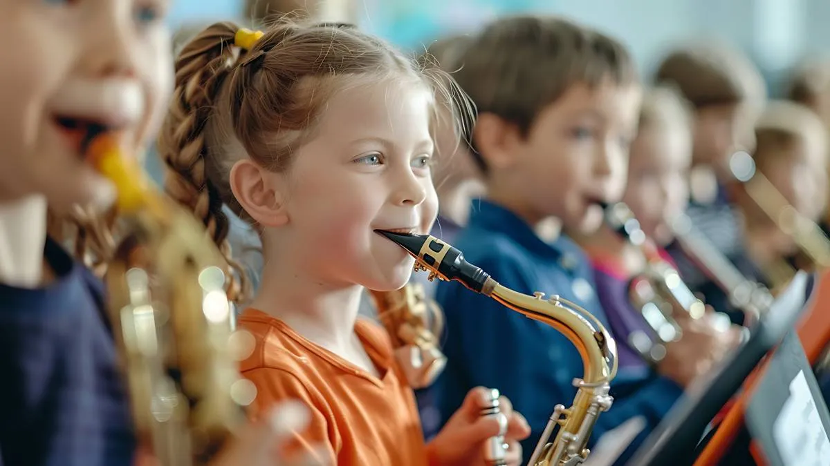 kinderen spelen saxofoon in de klas