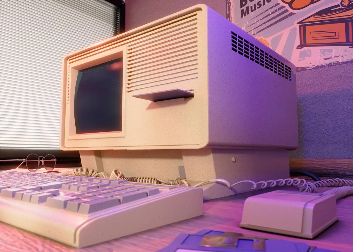 retro computer desk arrangement