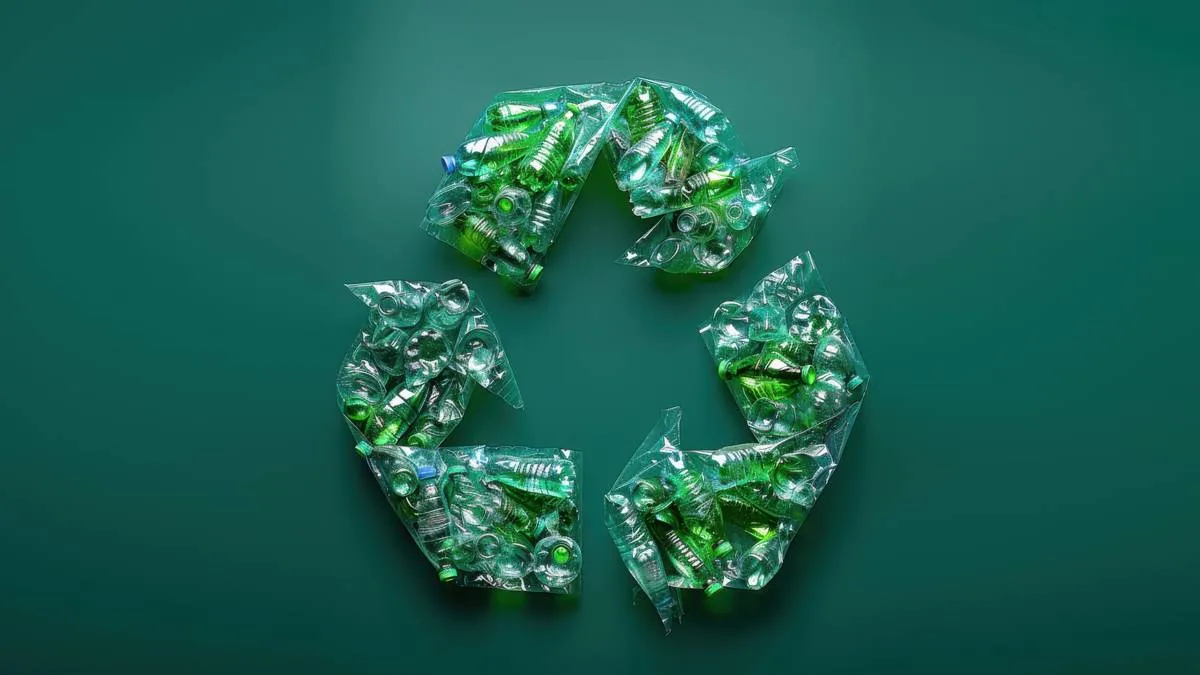groene plastic flessen vormen een recyclingsymbool op een groene achtergrond