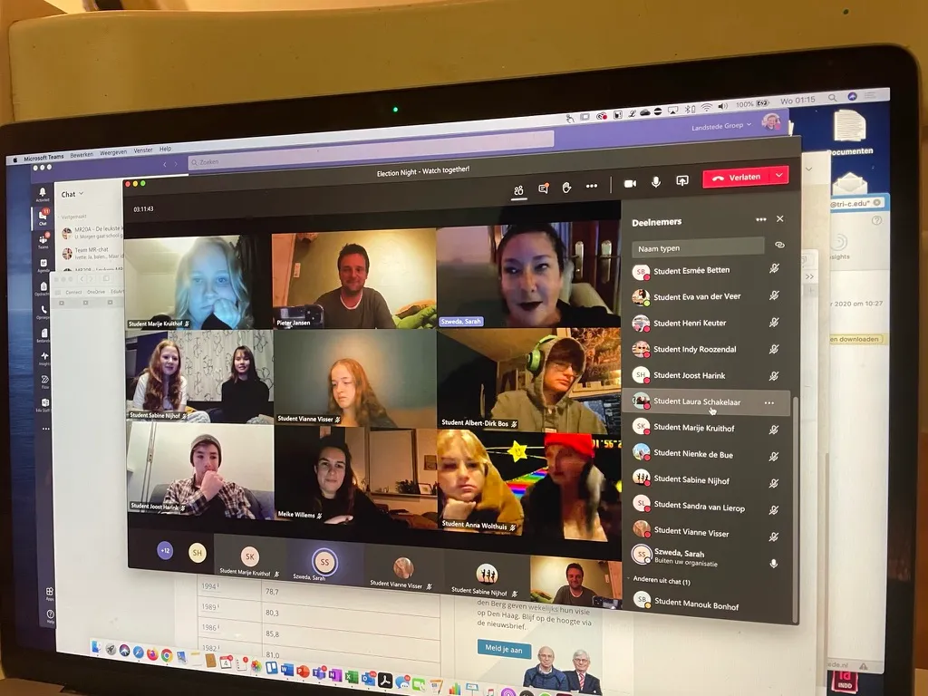 screenshot van het digitale gesprek tussen studenten van cuyahoga community college en de landstede studenten over de amerikaanse verkiezingen