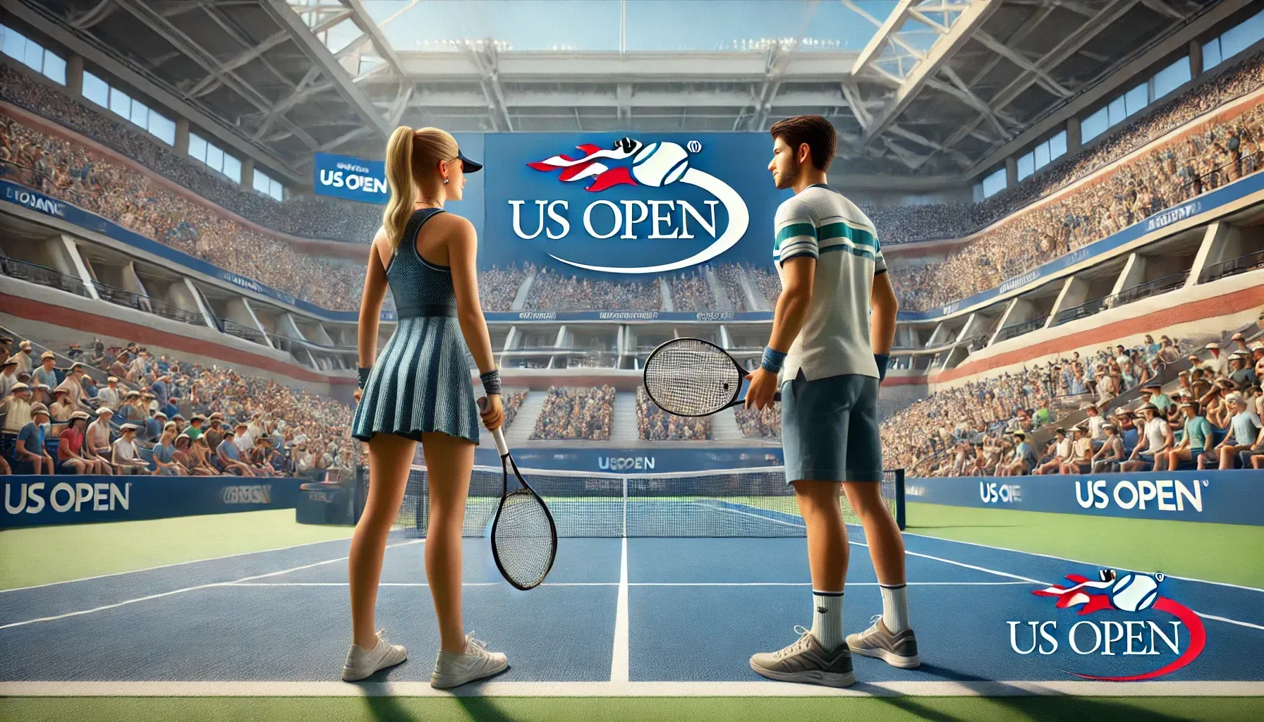 a realistic image of two tennis players one female and one male facing the net on a hardcourt at the us open the scene is set on a bright sunny day