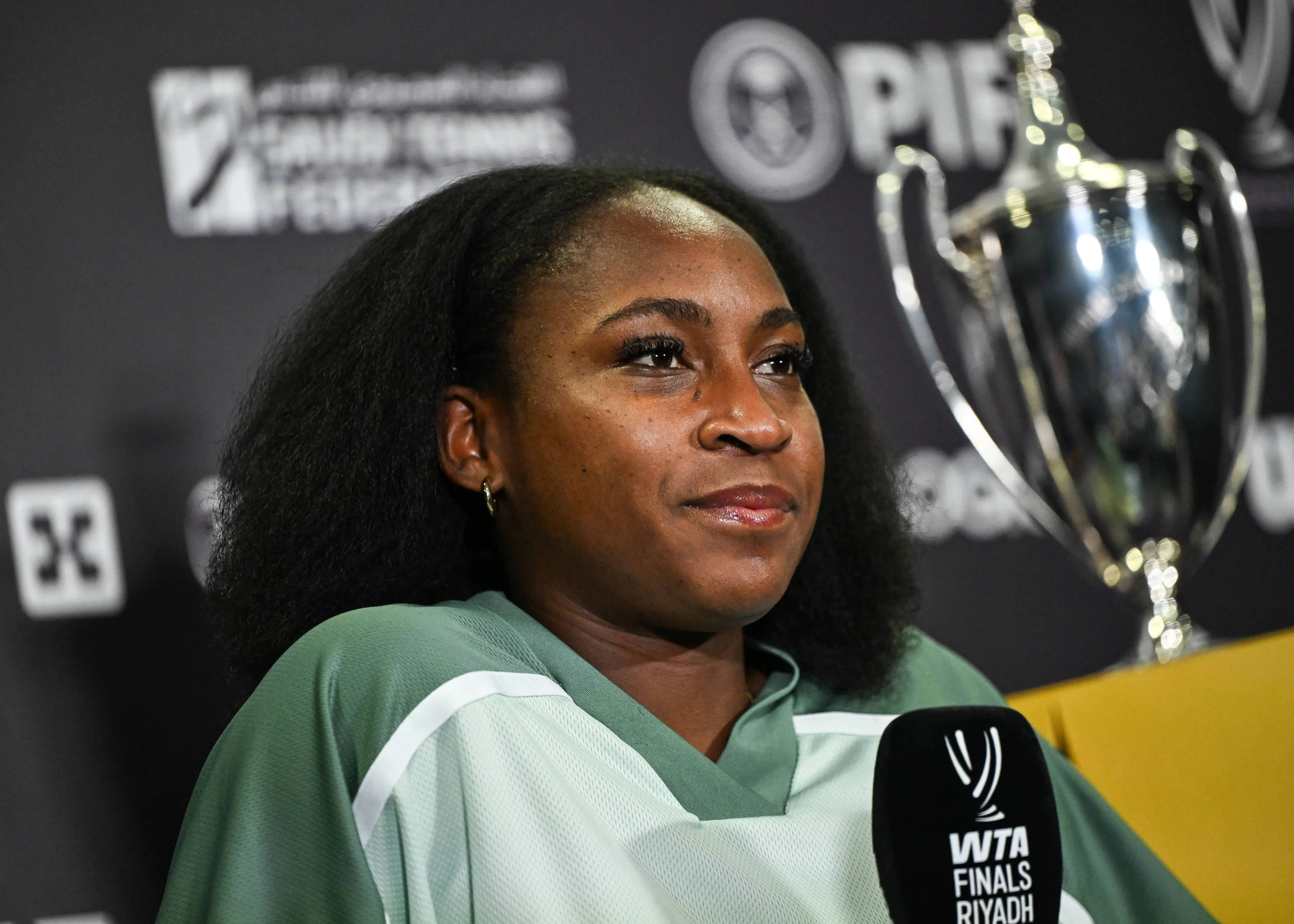 Coco Gauff speaking at the WTA Finals press conference