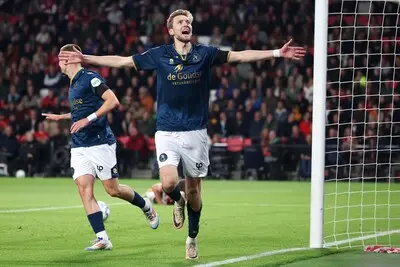 eindhoven 05 10 2024 philips stadium dutch football eredivisie season 2024 2025 match between psv sparta sparta player tobias lauritsen celebrating his goal 0 1 during the match psv sparta