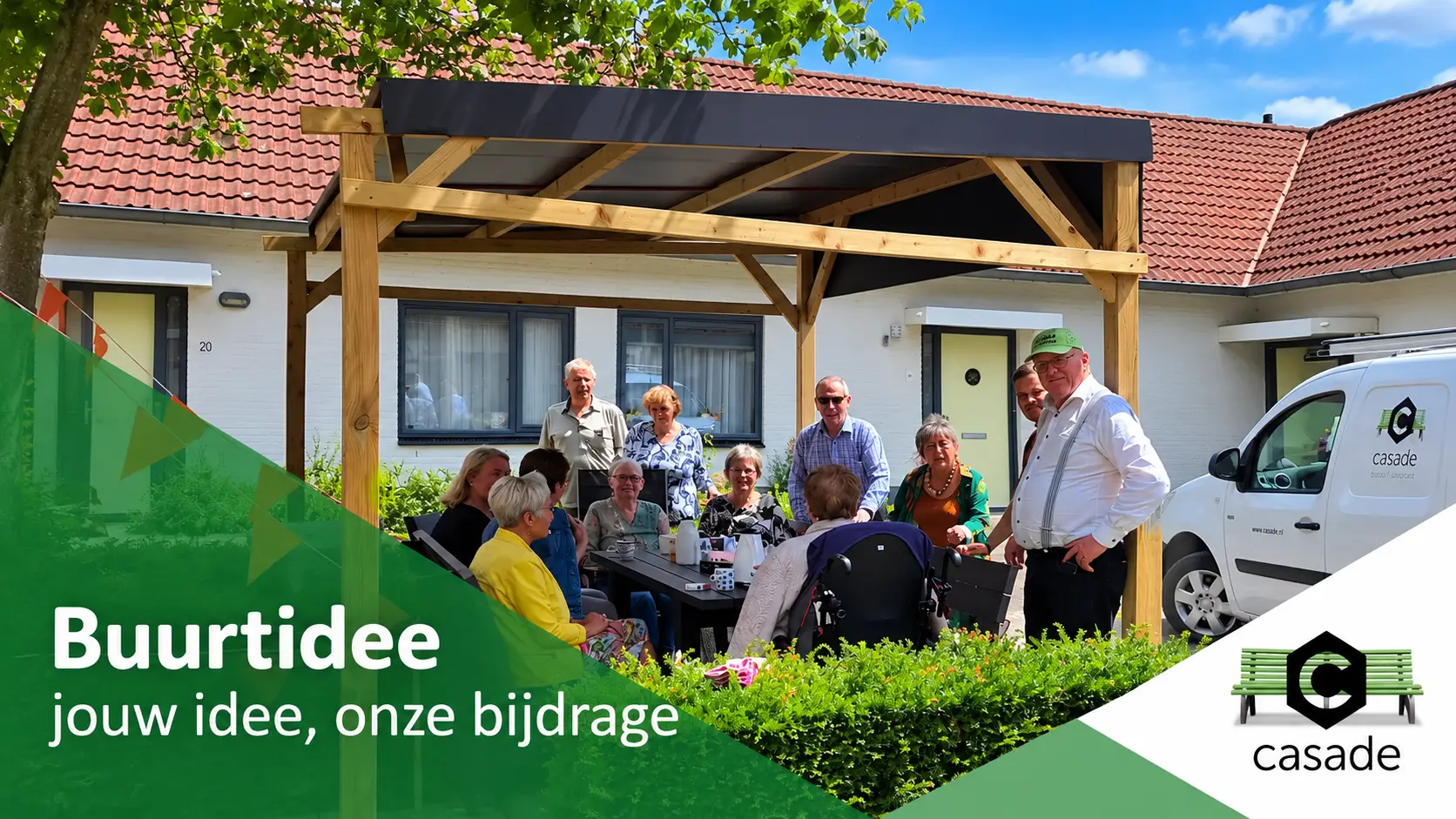 Buurtbijeenkomst onder de houten pergola