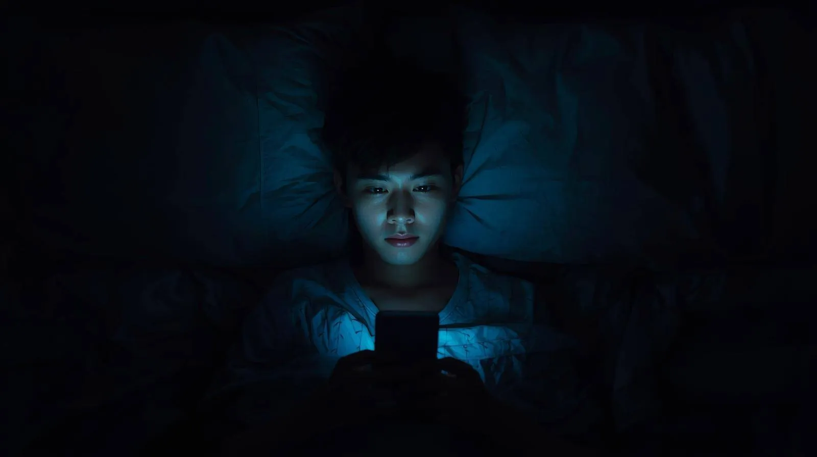 en tiener in bed die in het donker alleen wordt verlicht door het blauwe licht van een smartphone‑scherm