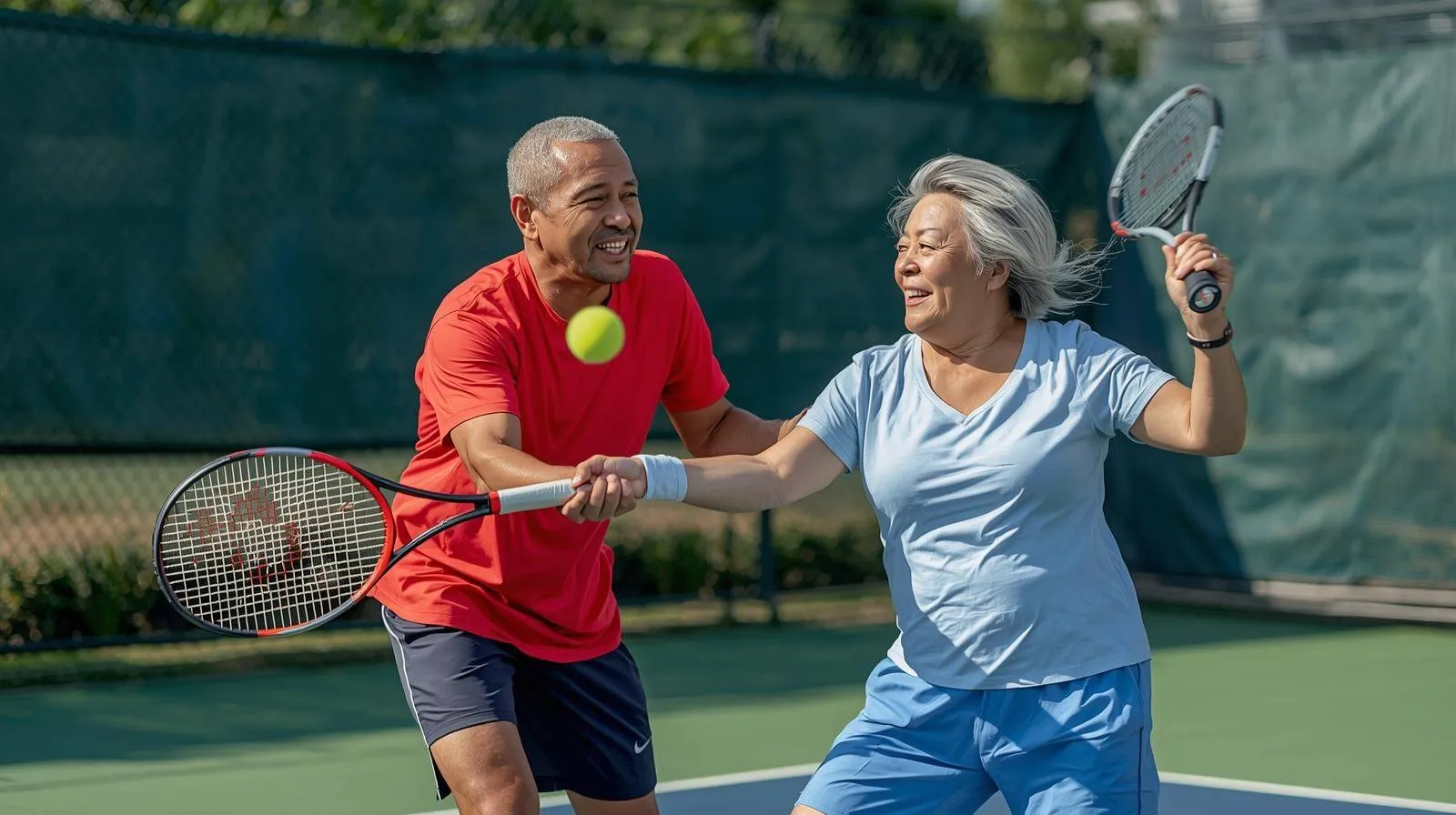 oudere man en oudere vrouw spelen tennis op een tennisbaan