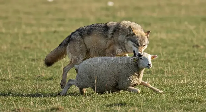 wolf-sheep-grassy-field-thick-grey-brown-coat-predatory-stance-its-focus-white-wool-black-facial-362430349