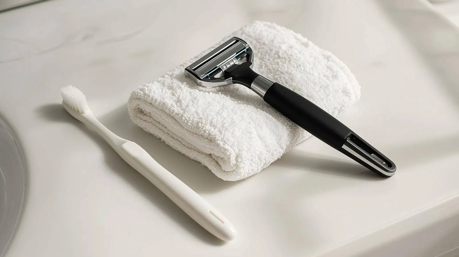 maak een afbeelding van een tandenborstel, een scheermesje en een handdoek