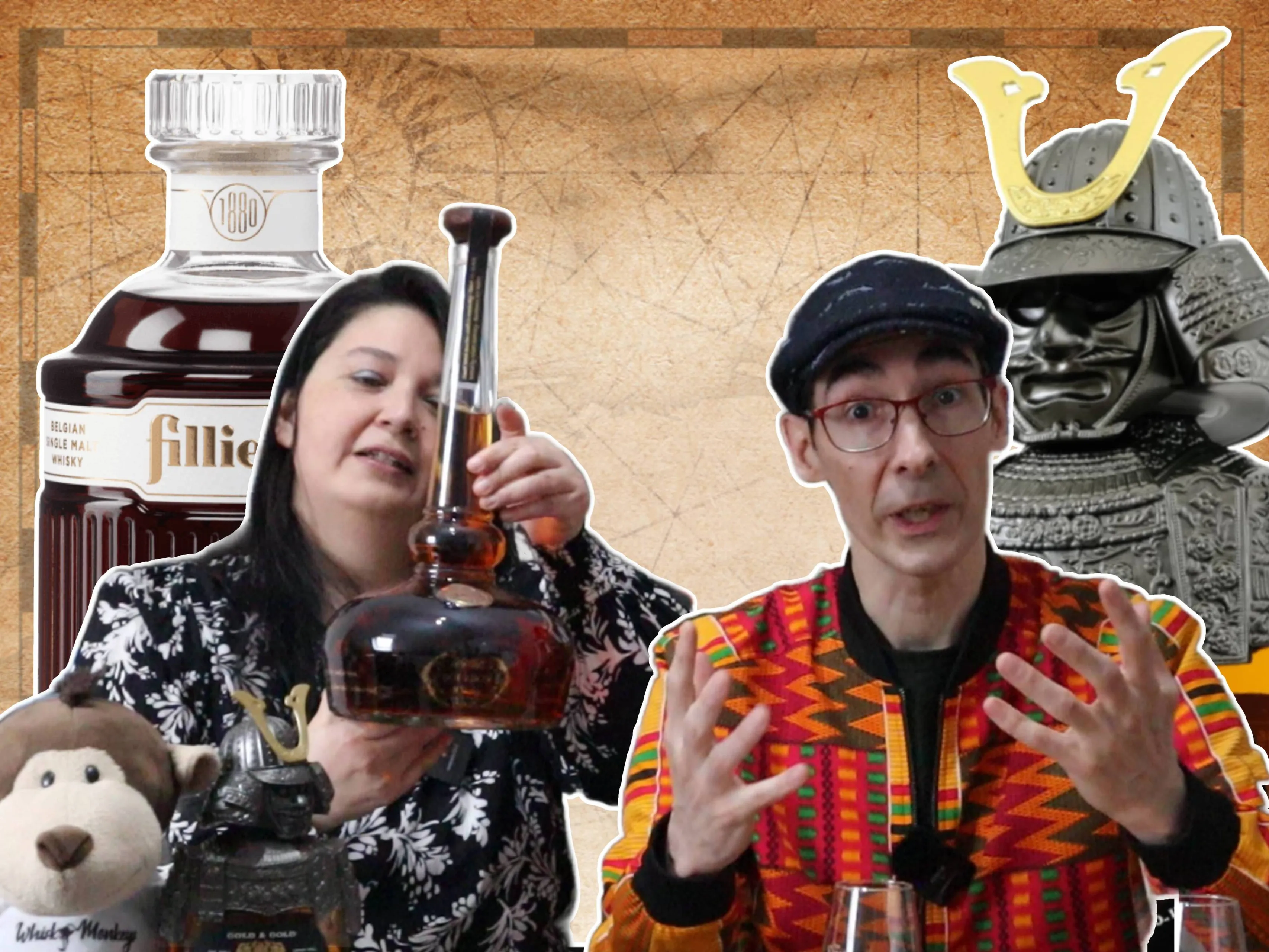 Rox en Theo van Whisky Monekys met een schatkaart, een fles Filliers, Willet pot Still en een Nikka Samurai