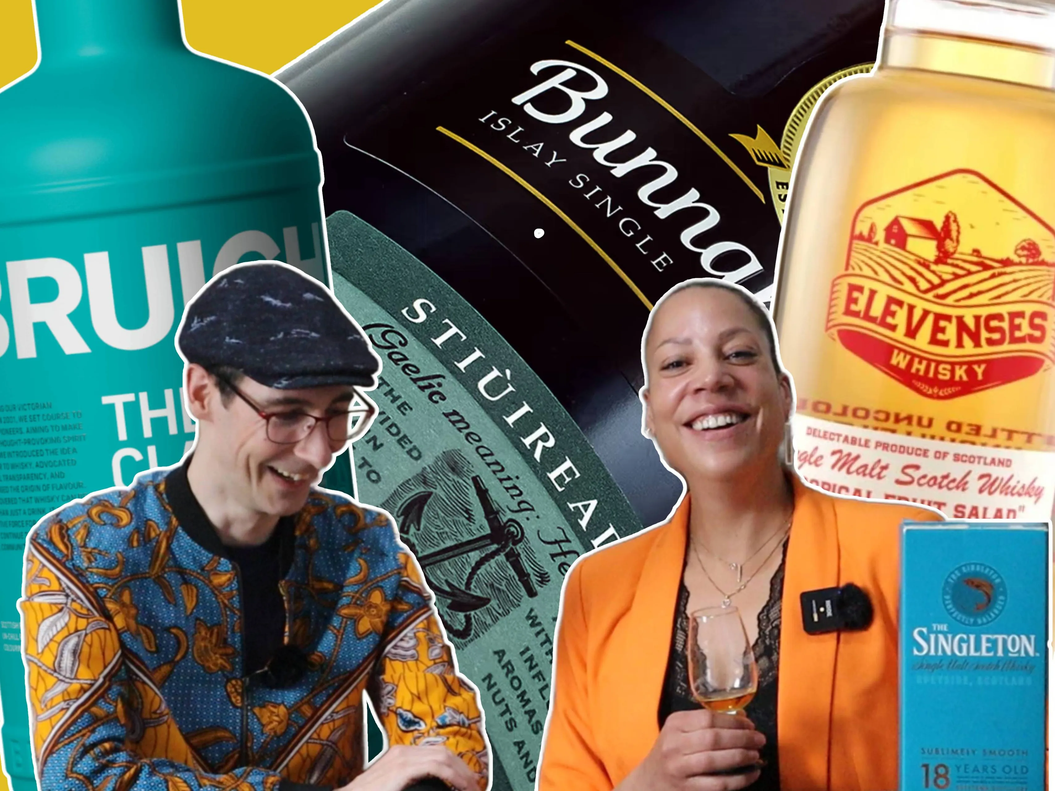 Whisky Weekend Show 12 cover met Theo en Petera tegen een achtergrond van BRuichladdich, Bunnahabhain en Elevenses whisky