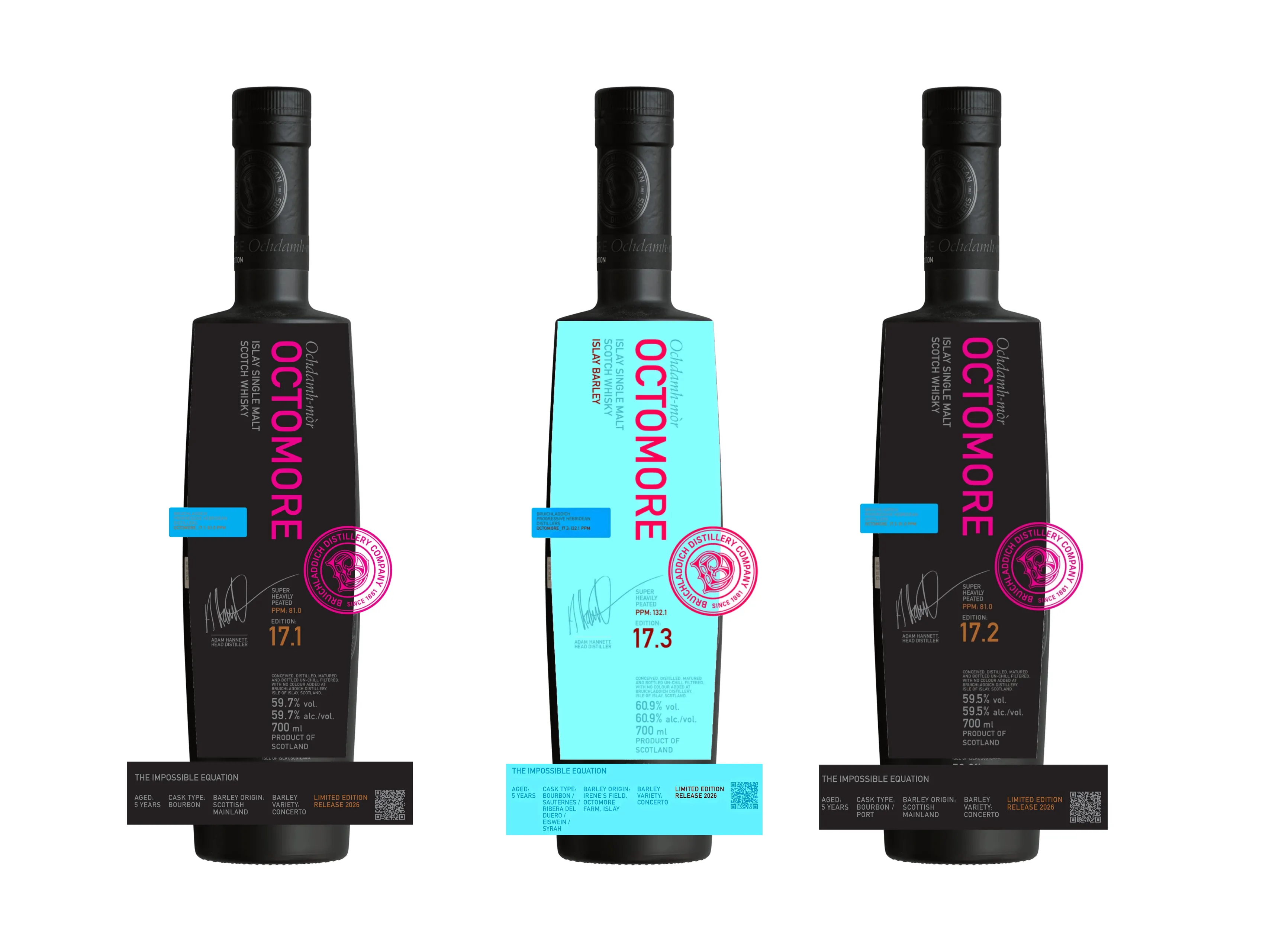 De drie BRuichladdich Octorome 17 whisky etiketten