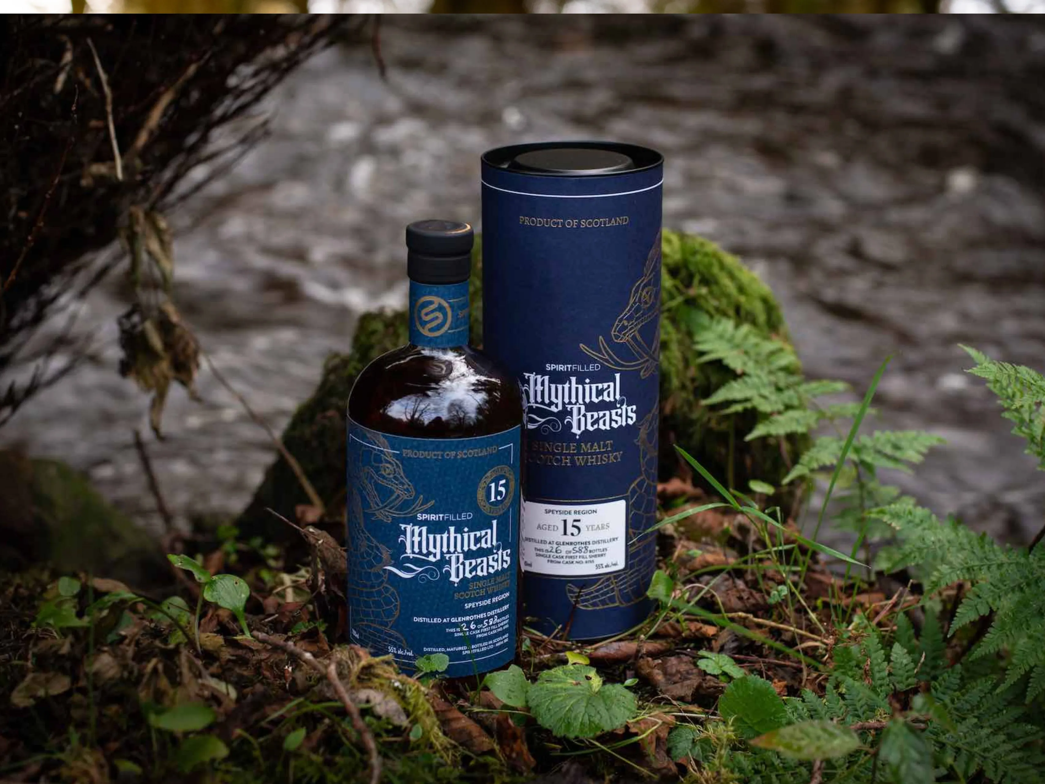 Mythical Beasts bottle with box in nature