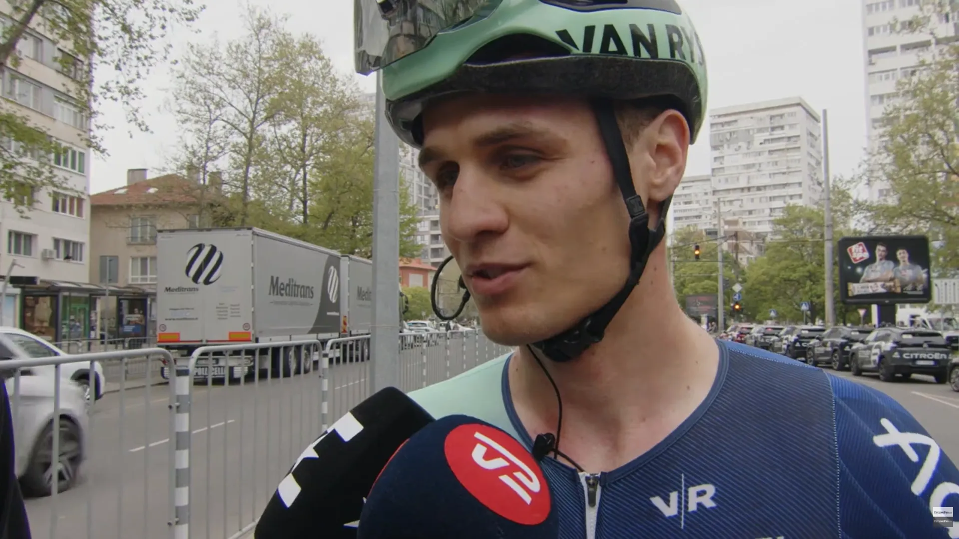 Tobias Lund Andresen speaks to the media after stage 1 of the 2026 Giro d'Italia