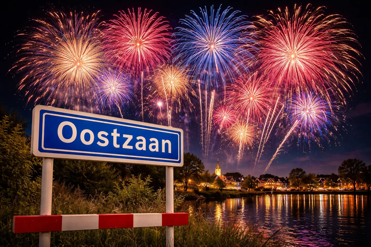 Vuurwerk boven Oostzaan bij nacht